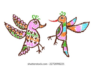 Tropical crazy fantastic doodle friendly birds. Crayon like kid`s hand drawn colorful bright funny jungle flying monsters. Vector pastel chalk or pencil childlike cartoon art