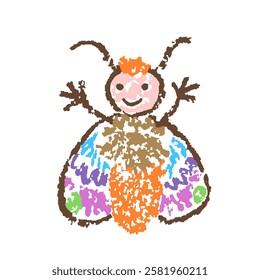 Tropical crazy fantastic doodle funny smiling butterfly. Crayon like kid`s hand drawn bright colorful jungle flying happy character. Vector pastel chalk or pencil childlike simple cartoon naive art