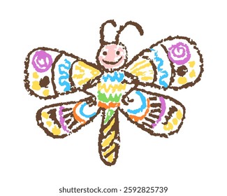 Tropical crazy fantastic doodle funny smiling butterfly. Crayon like kid`s hand drawn bright colorful jungle flying happy character. Vector pastel chalk or pencil childlike simple cartoon naive art