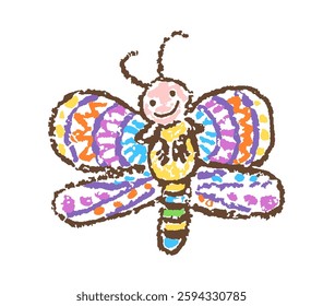 Tropical louco fantástico doodle engraçado sorrindo borboleta. Crayon como a mão da criança desenhada brilhante selva colorida voando personagem feliz. Vetor pastel giz ou lápis infantil simples desenho animado arte ingênua