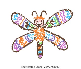 Tropical crazy fantastic doodle funny smiling butterfly. Crayon like kid`s hand drawn bright colorful jungle flying happy character. Vector pastel chalk or pencil childlike simple cartoon naive art