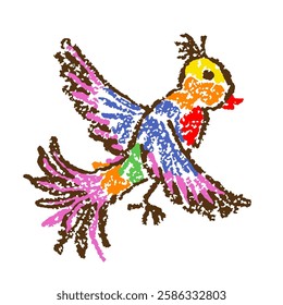 Tropical crazy fantastic doodle vibrant funny bird. Crayon like kid`s hand drawn bright colorful jungle flying character parrot or lark. Vector pastel chalk or pencil childlike simple cartoon naive ar