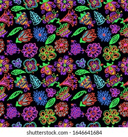 Tropical crazy fantastic flower seamless pattern. Crayon like kids hand drawn acid colorful bright floral set. Blossom jungle plant. Vector pastel chalk doodle neon vivid psychedelic trippy background