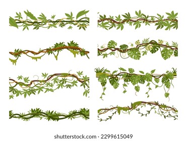 Tropical creeper borders. Cartoon jungle climbing liana plants, exotic creeper with moss. Rainforest liana seamless vines vector illustration set