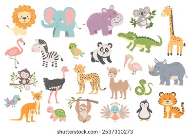 Tropical cute animal set. African, South American, Australian, Arctica and other wild baby cartoon animals. Baby shower and nursery art style.