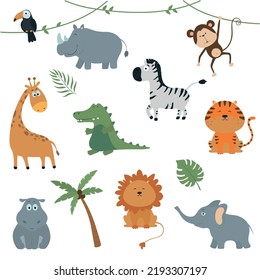 Tropical cute animals vector set. Lion, tiger, hippo, crocodile, giraffe, toucan, monkey, zebra, elephant, rhinoceros