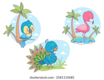 Tropical cute birds set. Funny peacock, pink flamingo stands in water and Ara parrot with palm trees. Isolated funny cartoon kawaii characters. Vector illustration. Kids collection