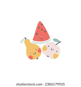 Tropical cute fruits composition. Hand drawn simple doodle style cartoon for kids. Baby characters with smiles. The pastel trend palette is perfect for printing. Vector isolate illustration