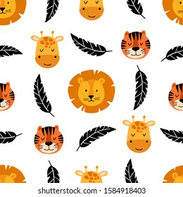 Tropical cute seamless pattern with wild animals faces lion, tiger, giraffe and palm leaves. Scandinavian style. Vector illustration