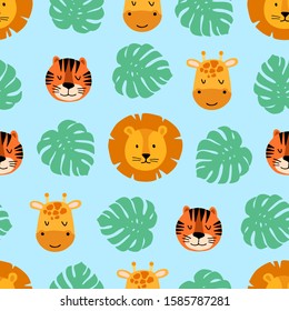 Tropical cute seamless pattern with wild animals faces lion, tiger, giraffe and palm leaves. Scandinavian style. Vector illustration