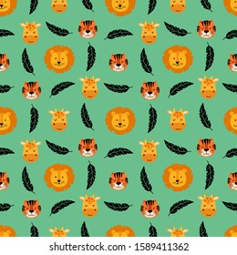 Tropical cute seamless pattern with wild animals faces lion, tiger, giraffe and palm leaves. Scandinavian style. Vector illustration