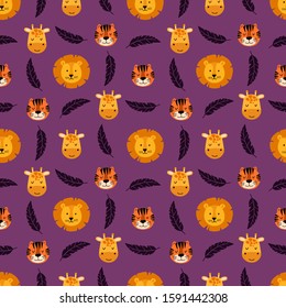 Tropical cute seamless pattern with wild animals faces lion, tiger, giraffe and palm leaves. Scandinavian style. Vector illustration