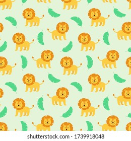 Tropical cute seamless pattern with wild animal lion and palm leaves. Scandinavian style. Vector illustration