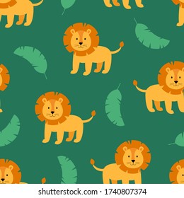 Tropical cute seamless pattern with wild animal lion and palm leaves. Scandinavian style. Vector illustration