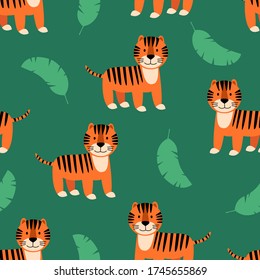 Tropical cute seamless pattern with wild animal tiger and palm leaves. Scandinavian style. Vector illustration