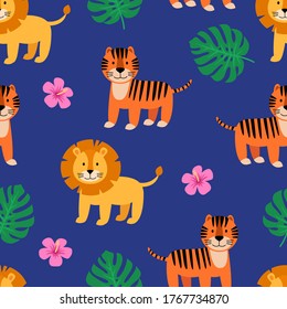 Tropical cute seamless pattern with wild animal lion tiger and palm leaves. Scandinavian style. Vector illustration
