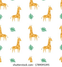 Patrón tropical lindo sin costura con jirafa animal salvaje y hojas tropicales. Estilo escandinavo. Ilustración del vector