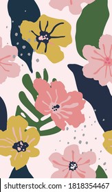 Tropical cute various flowers and leaves hand drawn style, flat saturation pastel color, clean bright and fun summer vibe