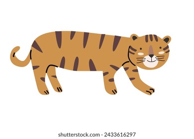 tropical cute wild cat animal - tiger smiling. Vector illustration isolated. Can used for summer tropical background, animal card, banner.