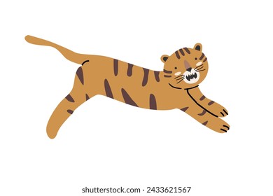 tropical cute wild cat animal - tiger in jump. Vector illustration isolated. Can used for summer tropical background, animal card, banner. 