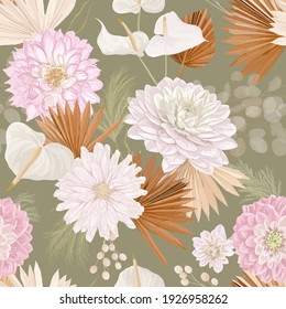 Tropical dahlia flower, palm leaves, pampas grass, lunaria vector seamless background. Jungle dried flowers pattern. Watercolor boho design for wedding, textile print, wallpaper texture, backdrop