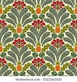 Padrão sem emenda do vetor de damasco tropical com abacaxis e folhas de palma. Vintage design retro para decoração e moda caseira.