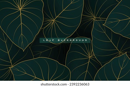 Tropical dark green leaf background design with gold line vector ilustration