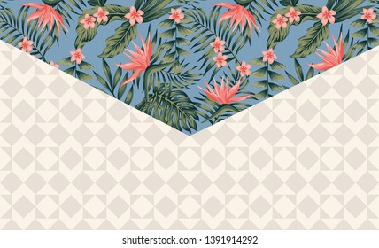 Tropical decor envelope angle exotic flowers and leaves on the blue background with geometric shapes