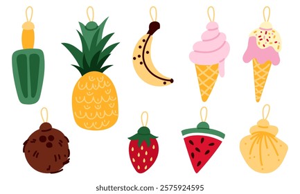 Tropical decorations for the Christmas tree. Seashells, fruits, ice cream, and a seashell are used as objects. Separate elements for printed products for gifts, postcards. Celebrating on vacation