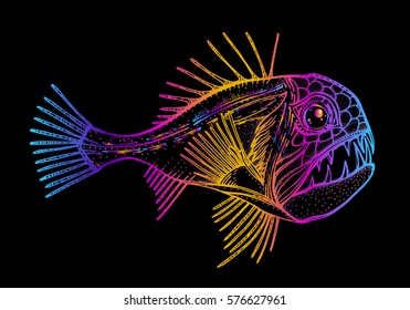 tropical deep-sea fish, Sabretooth. Exotic Tattoo, totem animal, aggressive. Decorative element for design. Printing on clothing, t-shirt. Stylized vector illustration, sketch.