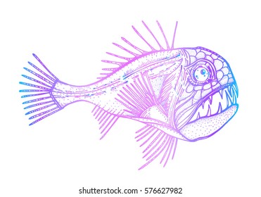 tropical deep-sea fish, Sabretooth. Exotic Tattoo, totem animal, aggressive. Decorative element for design. Printing on clothing, t-shirt. Stylized vector illustration, sketch.
