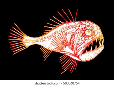 tropical deep-sea fish, Sabretooth. Exotic Tattoo, totem animal, aggressive. Decorative element for design. Printing on clothing, t-shirt. Stylized vector illustration, sketch.