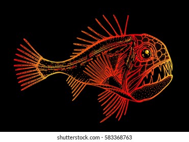 tropical deep-sea fish, Sabretooth. Exotic Tattoo, totem animal, aggressive. Decorative element for design. Printing on clothing, t-shirt. Stylized vector illustration, sketch.