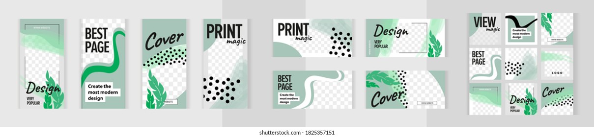 Tropical delicate green design with plant leaves. Big set of vertical, horizontal and square templates for design of social networks, instagram story and print with frame.