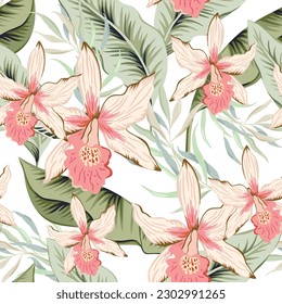 Tropical delicate orchid flowers, green palm leaves, white background. Vector seamless pattern. Jungle foliage illustration. Exotic plants. Summer beach floral design. Paradise nature