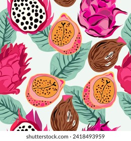 tropical delicious fruits abstract seamless pattern. Abstract rainforest abstract fruits including durian pitaya and more. Suitable for tiles, fabric, decoration, textile and more.