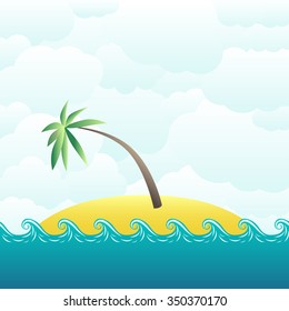 Tropical desert island with single palm tree on cloudy sky background. EPS 10 vector illustration, transparency and gradients used