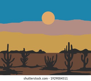 In the tropical desert, sunset, sunrise, mountains, many cacti. Great picture for the interior. Vector illustration. 