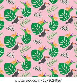 Tropical design background Monstera deliciosa, yellow butterfly palm and bird.