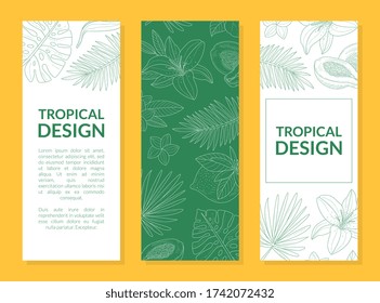 Plantilla de banner de diseño tropical con plantas exóticas de mano y espacio para texto se puede usar para cosméticos, productos de salud, Spa, Perfume, iluminación de vectores de invitación a bodas