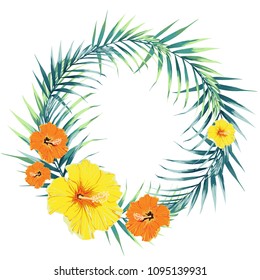 Tropical design border circle frame template with green jungle palm tree leaves and exotic orange and yellow hibiscus flowers couple. Text placeholder in the middle. Vector design illustration.