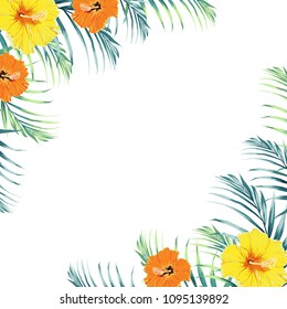 Tropical design border frame template with green jungle palm tree leaves and exotic orange and yellow hibiscus flowers couple. Text placeholder. Vector design illustration.