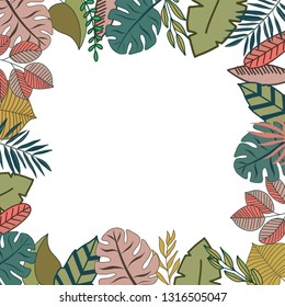 Tropical design border frame template with turquoise green jungle palm tree monstera leaves