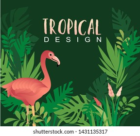 Tropical design border frame template with turquoise green jungle palm tree monstera leaves and pink flamingo birds couple. Text placeholder. Vector design illustration.