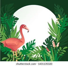 Tropical design border frame template with turquoise green jungle palm tree monstera leaves and pink flamingo birds couple. Text placeholder. Vector design illustration.