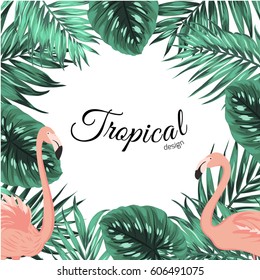 Tropical design border frame template with turquoise green jungle palm tree monstera leaves and pink flamingo birds couple. Text placeholder. Vector design illustration.