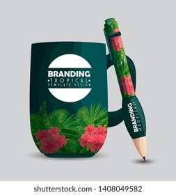 tropical design of coffee cup and pencil