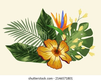 Elemento de diseño tropical con flores y estrelitzia, hojas de palma y monstera. Ilustración del vector en un fondo luminoso