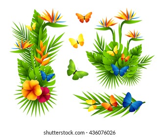 Tropical design elements with palm leaves, flowers and butterflies.