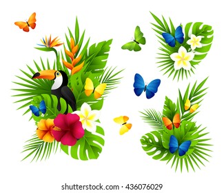 Tropical design elements with palm leaves, flowers,  toucan and butterflies.